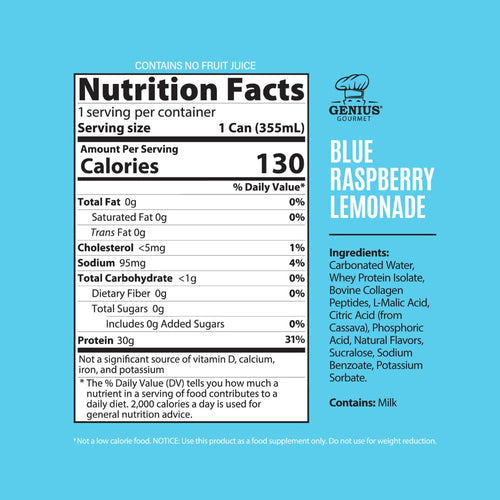 Genius Gourmet Clear Protein Sparkling Water Blue Raspberry Lemonade, 15 CT