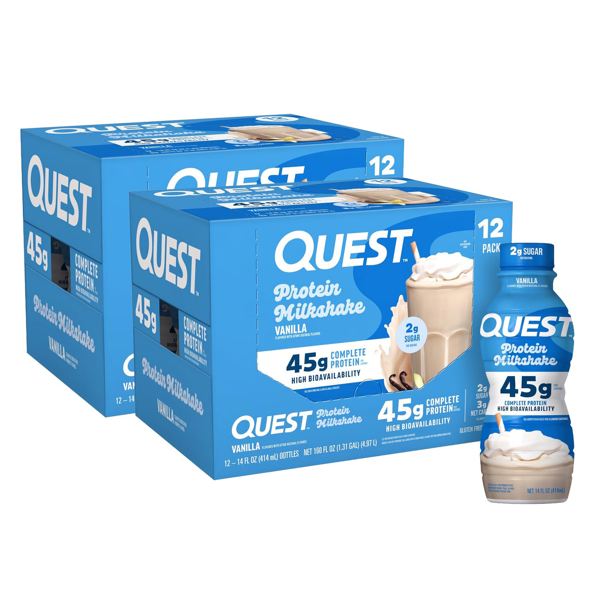 Quest Nutrition Chocolate Protein Shake, 45g Protein, 2g Sugar, 4g Net Carbs, Ready to Drink, Gluten Free, 12 Count