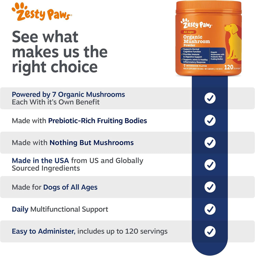 Zesty Paws Organic Mushroom Powder for Dogs - Turkey Tail Mushroom for Dogs -Cognitive, Digestive, Immune & Joint Support Turkey Tail Powder Dog Supplement - 60 g