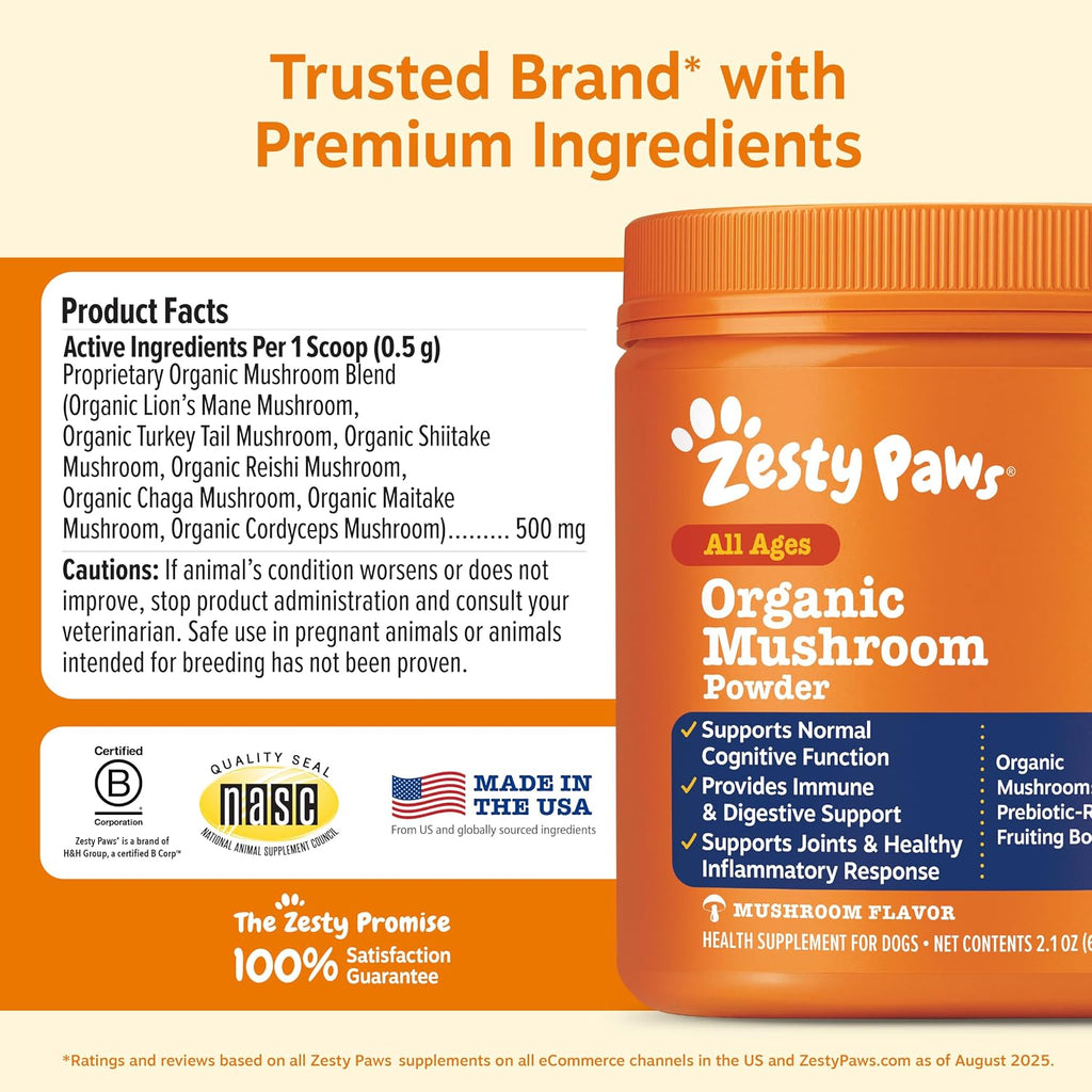 Zesty Paws Organic Mushroom Powder for Dogs - Turkey Tail Mushroom for Dogs -Cognitive, Digestive, Immune & Joint Support Turkey Tail Powder Dog Supplement - 60 g