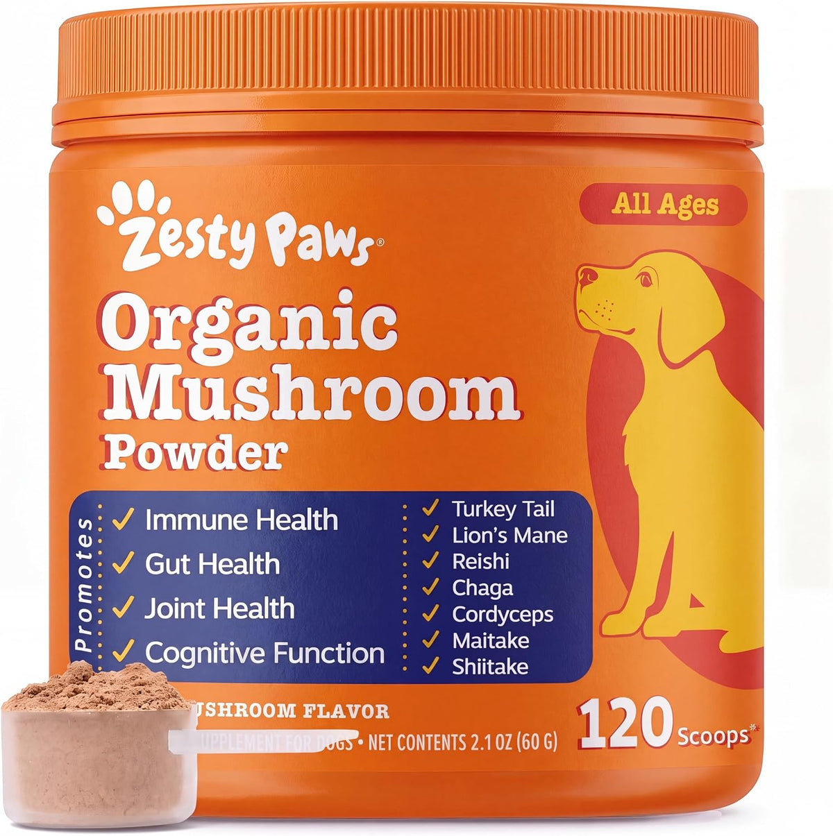 Zesty Paws Organic Mushroom Powder for Dogs - Turkey Tail Mushroom for Dogs -Cognitive, Digestive, Immune & Joint Support Turkey Tail Powder Dog Supplement - 60 g